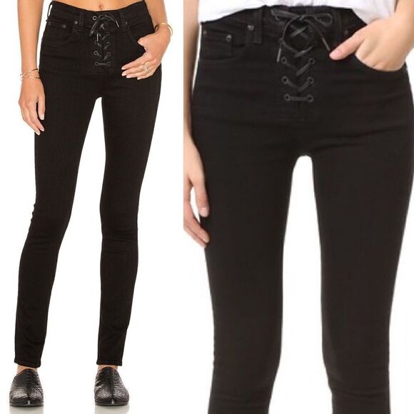 𝅺rag Bone Sz 24 Black Ariel Lace Up High Rise Jeans - Picture 1 of 7